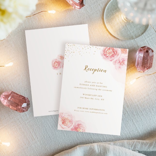 Elegante recepción de boda dorada y florida (Elegant gold & blush floral wedding reception enclosure card)