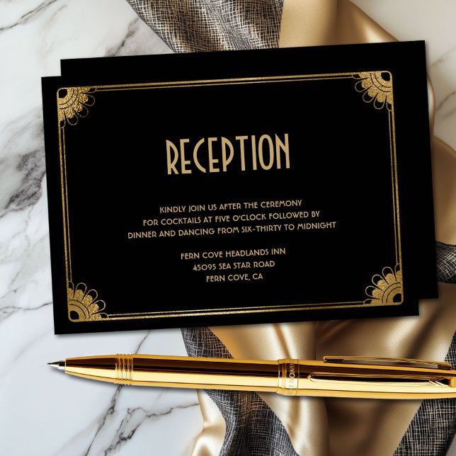 Elegante recepción de boda estilo Art Deco de la d (Classy black and gold floral art deco wedding reception enclosure card)