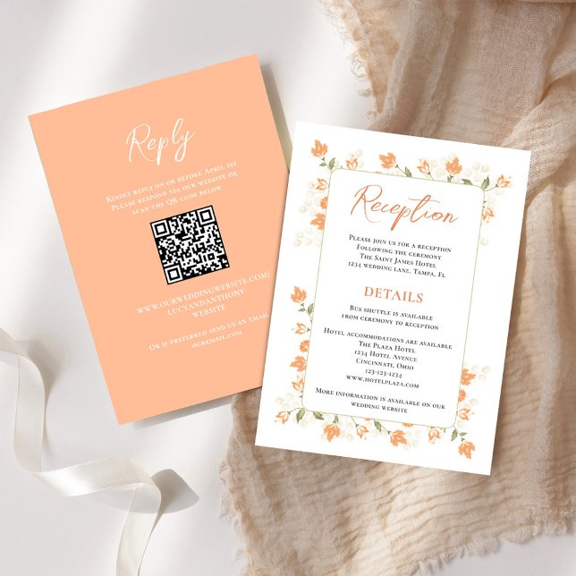 Elegante recepción de Boda Floral de Peach (Wedding reception and reply card with a scannable QR code with peach floral.)