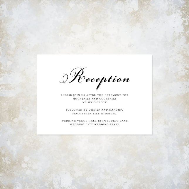 Elegante recepción de boda moderna en blanco y neg (Elegant Modern Script Black & White Wedding Reception Card. View the full wedding at Austen & Grace)