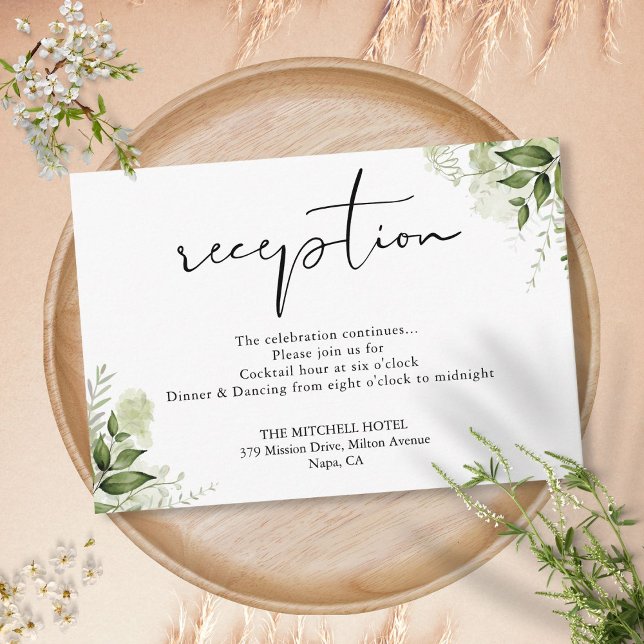 Elegante recepción de bodas de flores de veneració (Elegant Greenery Floral Script Wedding Reception Enclosure Card)