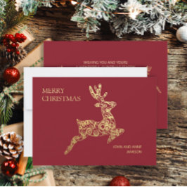 Elegante Red Gold Reindeer Feliz Navidad
