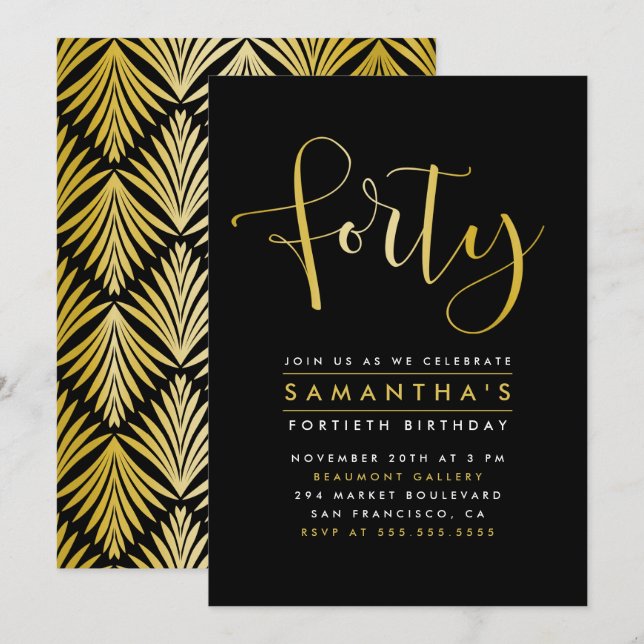 Elegante Relieve metalizado dorado 40.ª invitación (Anverso / Reverso)