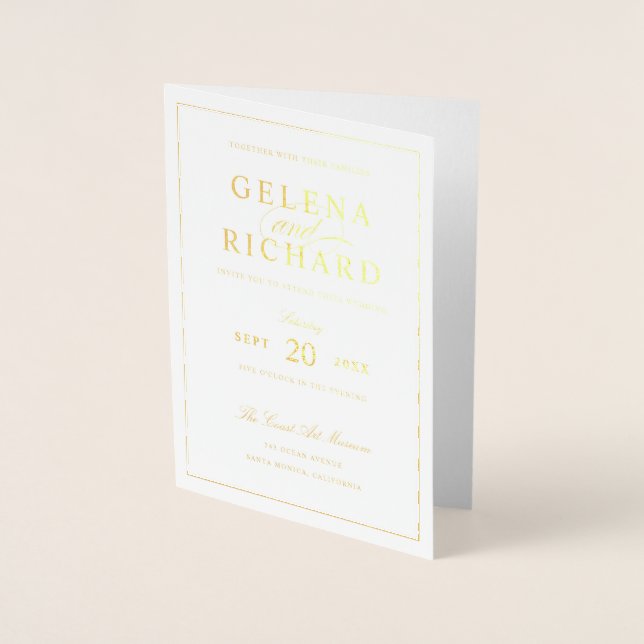 Elegante Relieve metalizado dorado Invitación a la (Anverso)