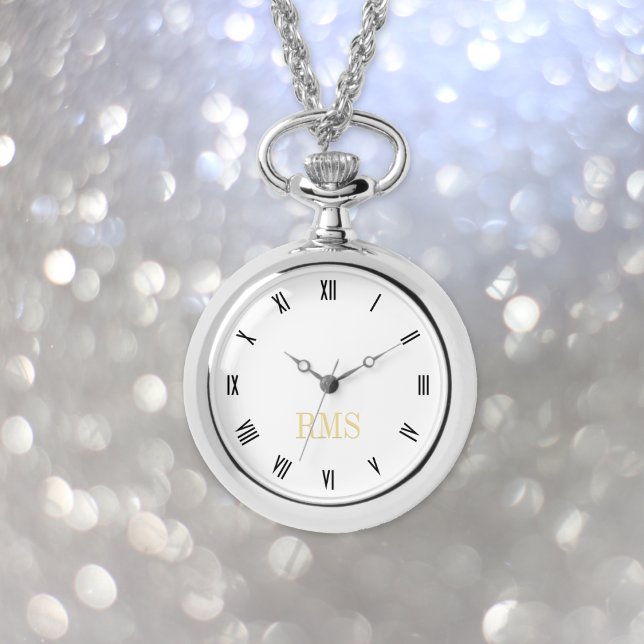 Elegante reloj de collar monocromático plateado (Elegant Stylish Silver Monogrammed Necklace Watch)