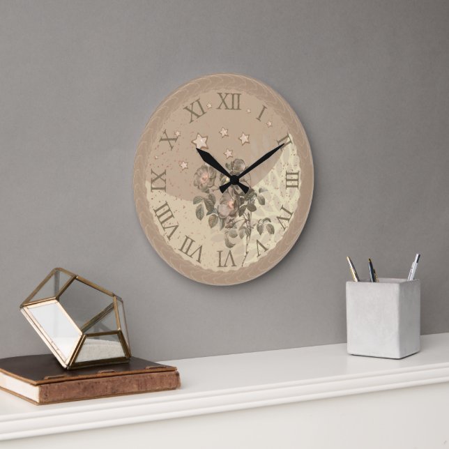 Elegante reloj de pared beige con toque floral (Oficina)