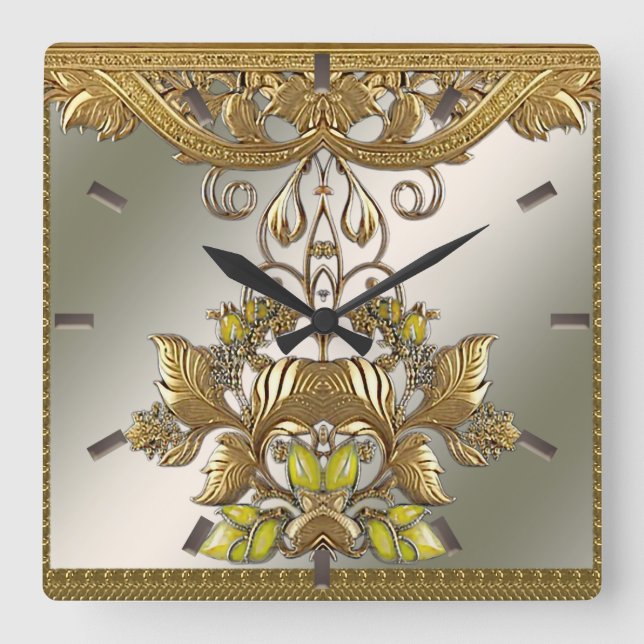 Elegante reloj de pared floral decorativo dorado (Anverso)