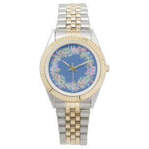 Elegante reloj femenino floral azul moderno