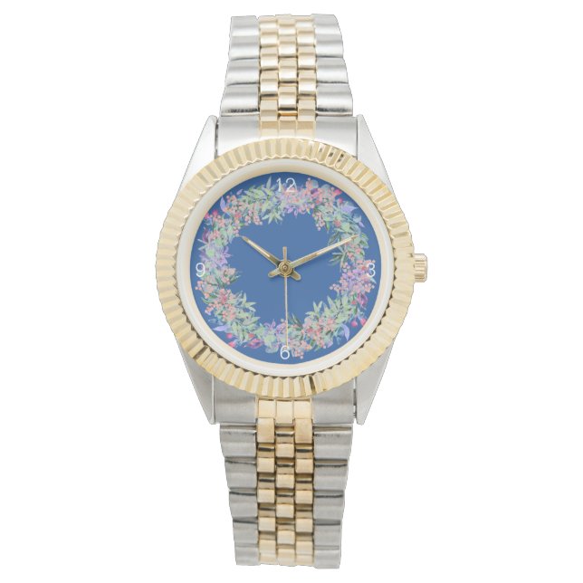 Elegante reloj femenino floral azul moderno (Anverso)