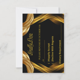 Elegante respuesta de RSVP de boda negra y dorada