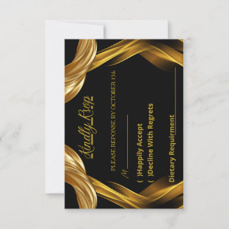 Elegante respuesta de RSVP de boda negra y dorada
