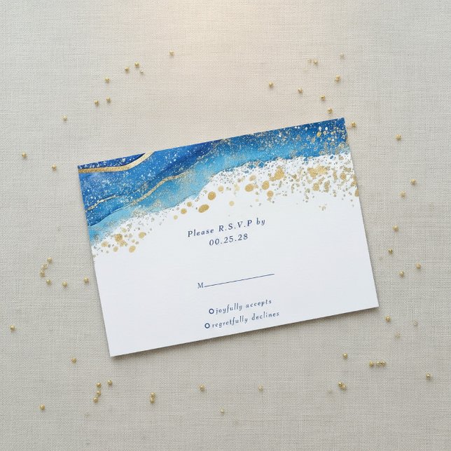 Elegante respuesta RSVP con manchas azules y dorad (Elegant Blue and Gold splatter RSVP response.)