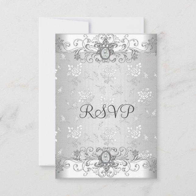 Elegante respuesta RSVP Plata Blanco Encaje de Dia (Anverso)