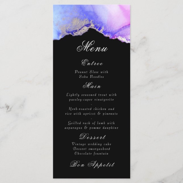 Elegante Resumen Amethyst Menú Boda Negro (Anverso)