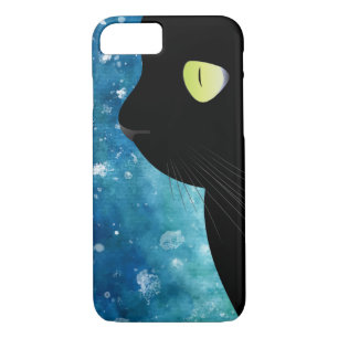 Elegante retrato negro de gato en Funda azul iPhon