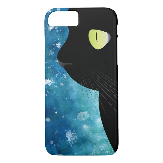 Elegante retrato negro de gato en Funda azul iPhon (Reverso)