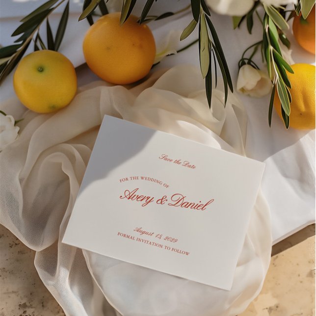 Elegante Retro Rojo & Marfil Guardar la tarjeta de (Elegant Retro Red & Ivory Save the Date Card)