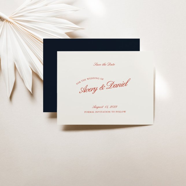 Elegante Retro Rojo y Azul Profundo Guardar la tar (Elegant Retro Red & Deep Blue Save the Date Card)