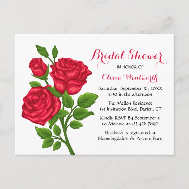 Elegante Rojo Floral Bridal Shower Invitación (Anverso)