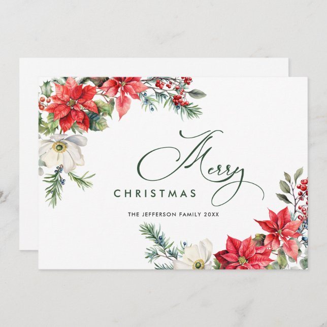 Elegante Rojo Poinsettia Feliz Saludo de Navidad (Anverso / Reverso)