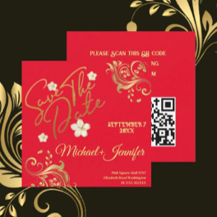 Elegante Rojo Y Oro QR Guardar La Invitación De Fe