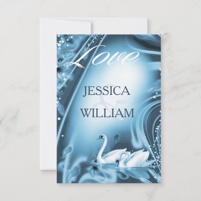 Elegante Romántico Blue Swan Love Wedding RSVP (Anverso)
