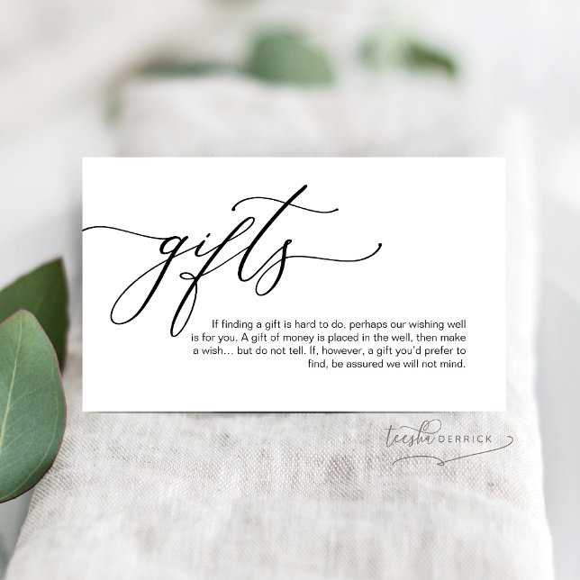 Elegante romántico, escritura negra, una nota sobr (A note on gifts Enclosure Card, Elegant Romantic, Black script, gift of money, honeymoon wish)