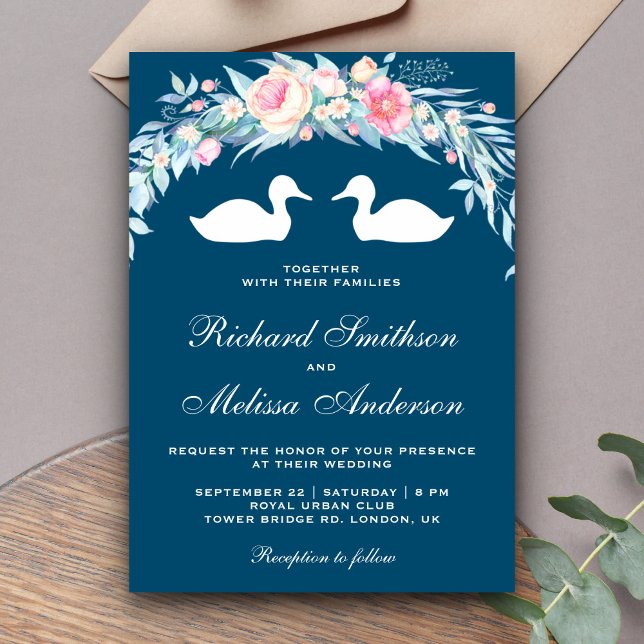 Elegante Romántico Patos Florales Invitación a la  (Subido por el creador)