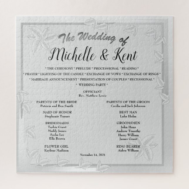 Elegante rompecabezas Boda de hojas plateadas (Vertical)
