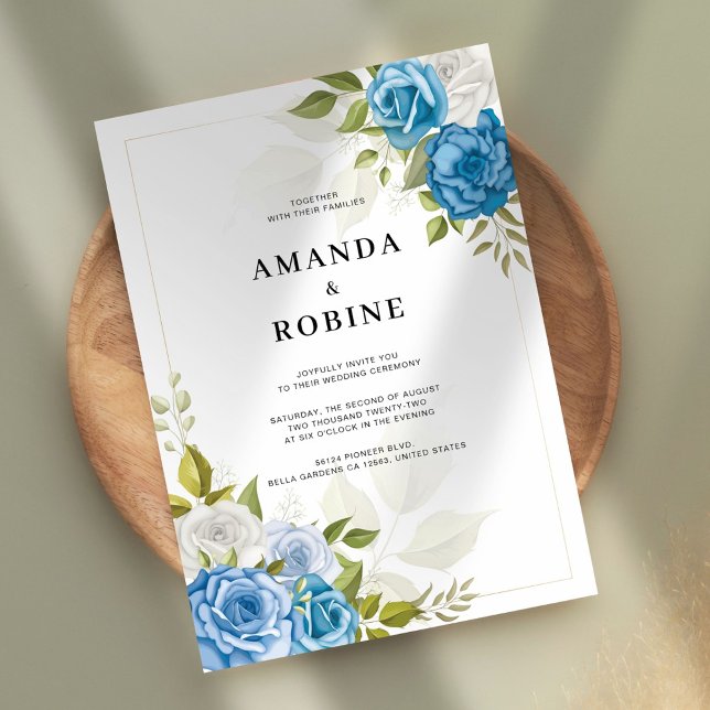 Elegante Rosa Azul Invitación a la Boda Floral (Subido por el creador)