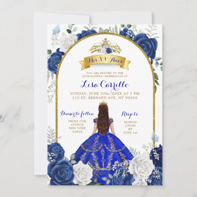 Elegante Rosa Azul Real Mi XV Invitación Anos (Anverso)