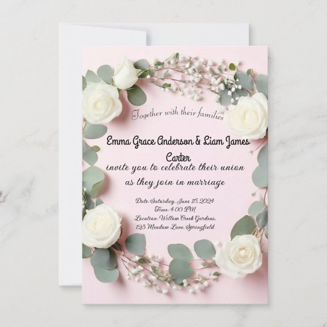 Elegante Rosa Blanca y Invitación a la Boda de Euc (Anverso)