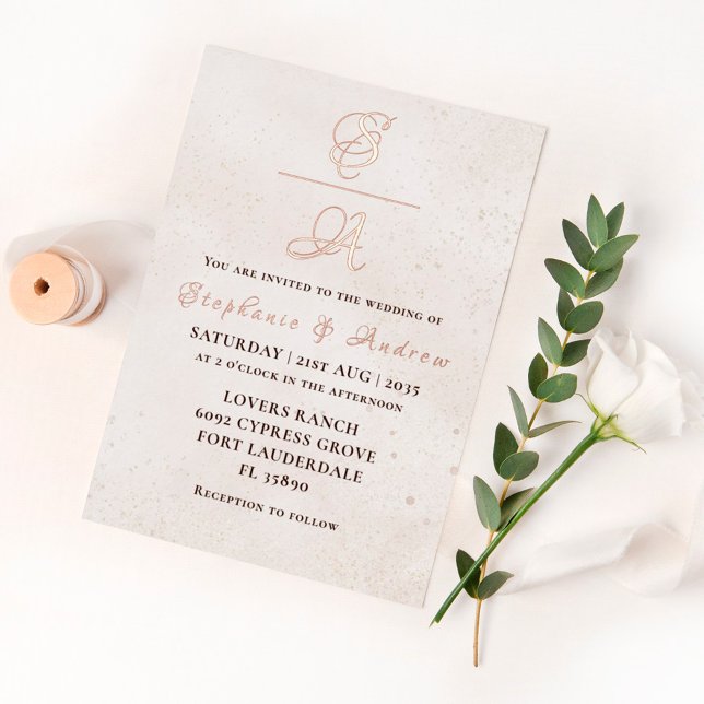 Elegante Rosa Boda Monograma Dorado Invitación al  (Subido por el creador)