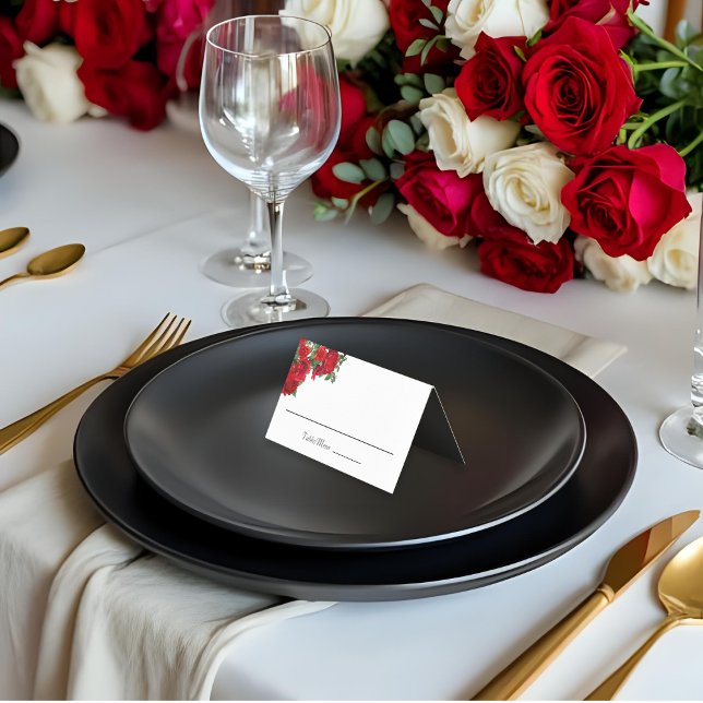 Elegante Rosa Boda Personalizado Doble tarjeta (Bilingual (English/Spanish) Folded place card with white background and black interior)