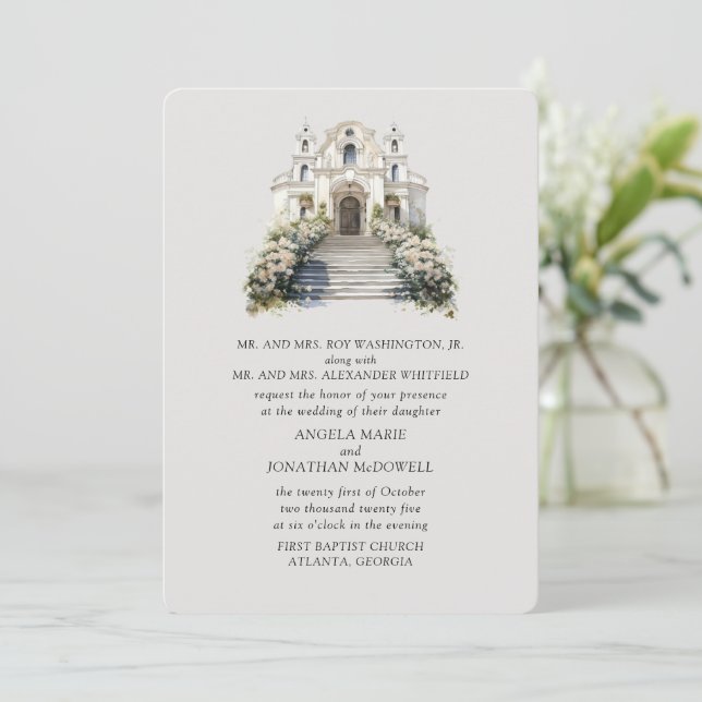 Elegante Rosa Chapel Wedding Invitación (Anverso de pie)