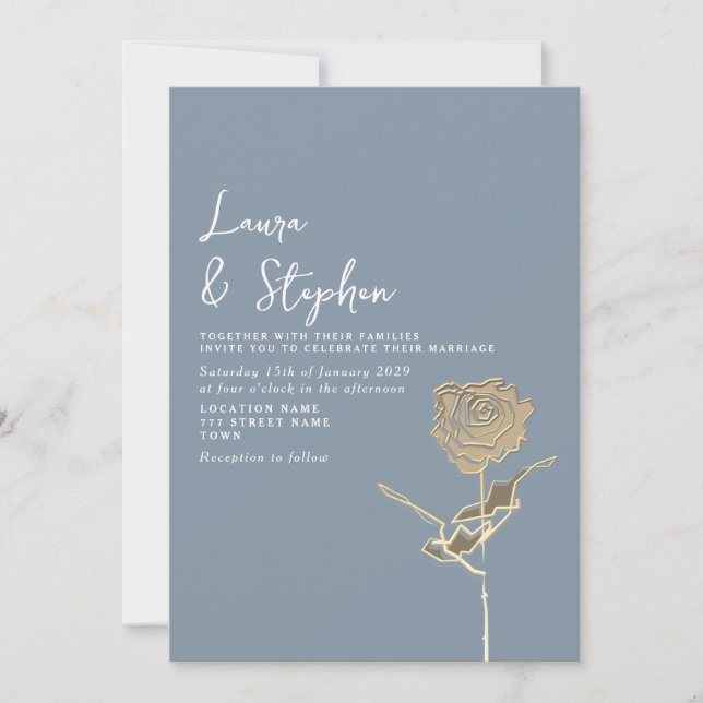 Elegante Rosa de Boda Dusty Blue Gold Invitación (Anverso)