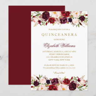 Elegante Rosa de Borgoña Invitación Quinceanera