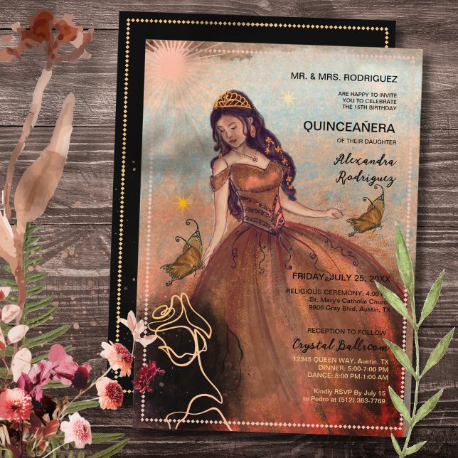 Elegante Rosa de cobre vintage Invitación Quinceañ (Elegant Vintage Copper Rose Quinceañera Invitation)