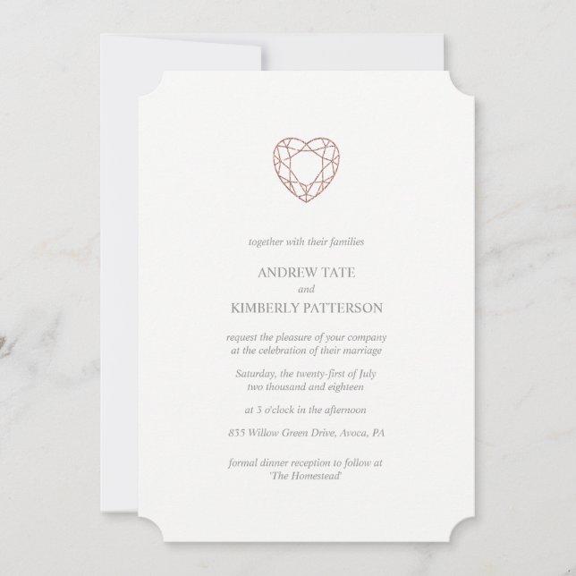 Elegante rosa de la invitación a la boda de corazó (Anverso)