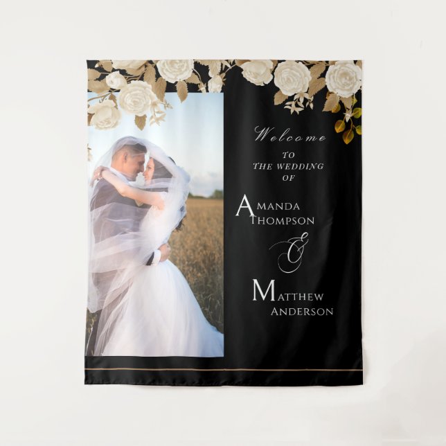 Elegante Rosa de Moda Monograma Tapiz de foto negr (Anverso)