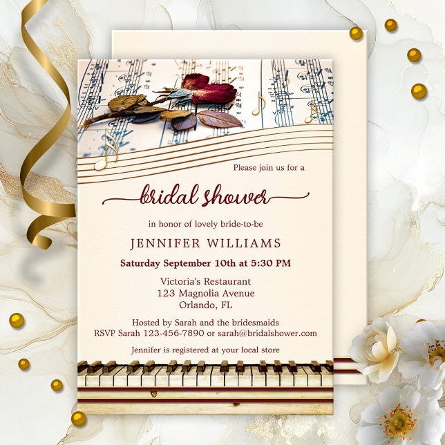 Elegante Rosa de música Bridal Shower Invitación (Bridal shower invitation featuring a rose on music sheets with a piano keyboard and musical notes)