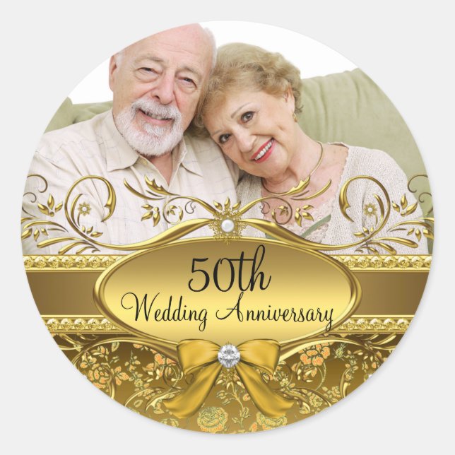 Elegante Rosa de oro foto Pegatina de 50 años (Anverso)