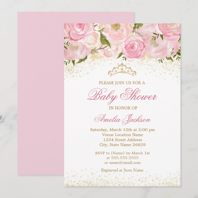 Elegante Rosa de oro rosado Chica Invitación a Bab (Anverso / Reverso)
