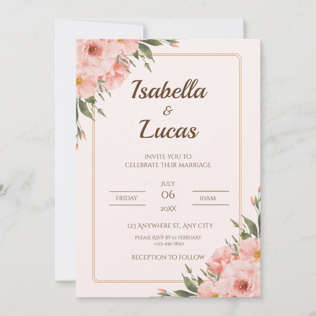 Elegante Rosa de Rubor e invitación a la boda verd (Anverso)