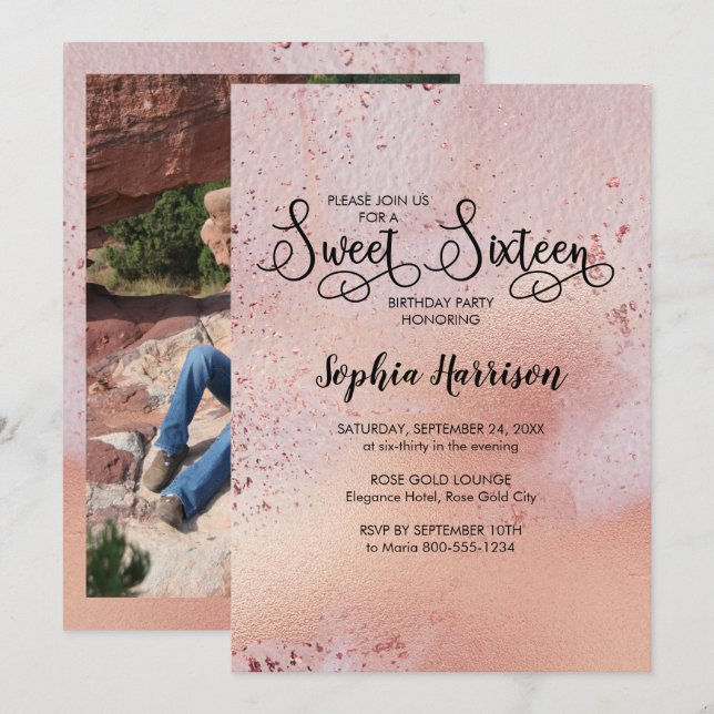 Elegante Rosa Dulce de Oro 16 Invitación a la foto (Anverso / Reverso)