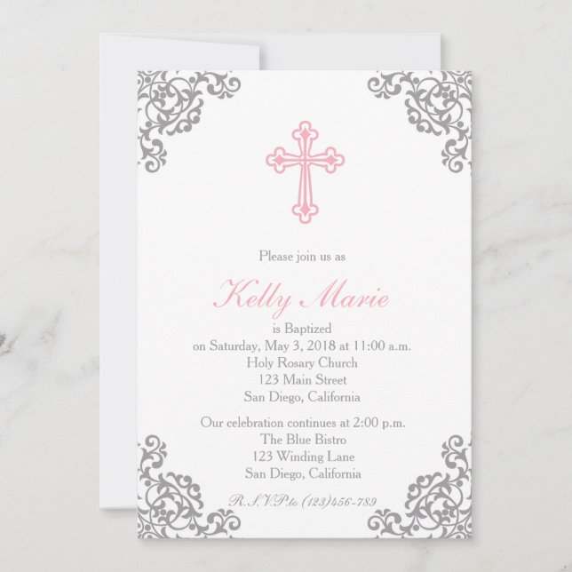 Elegante Rosa Filigree Swirl Baptism Invitación (Anverso)