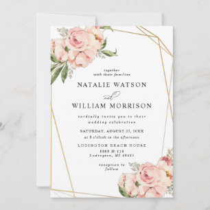 Elegante Rosa Floral Invitación a la Boda Geo Rosa