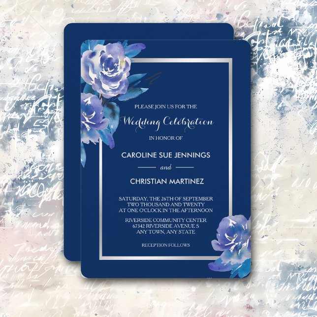 Elegante Rosa Floral Plata Azul Invitación a la bo (Subido por el creador)