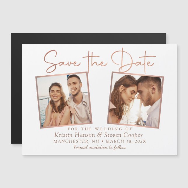 Elegante Rosa Gold 2 Photo Save the Date Magnet (Anverso/Reverso)