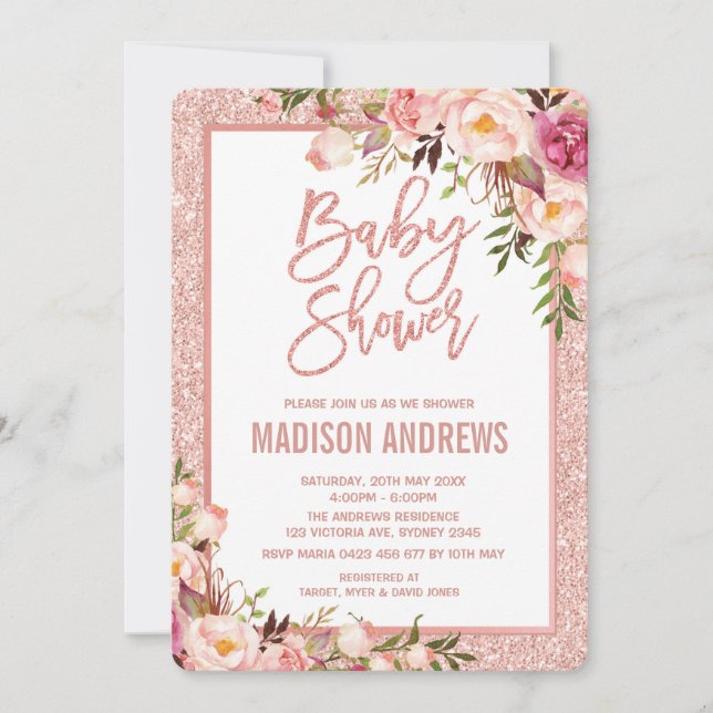 Elegante Rosa Gold Floral Baby Shower Invitación (Anverso)